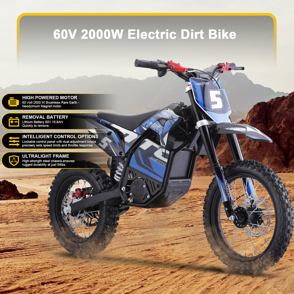 MotoTec 60v 2000w Pro Electric Dirt Bike Lithium Blue