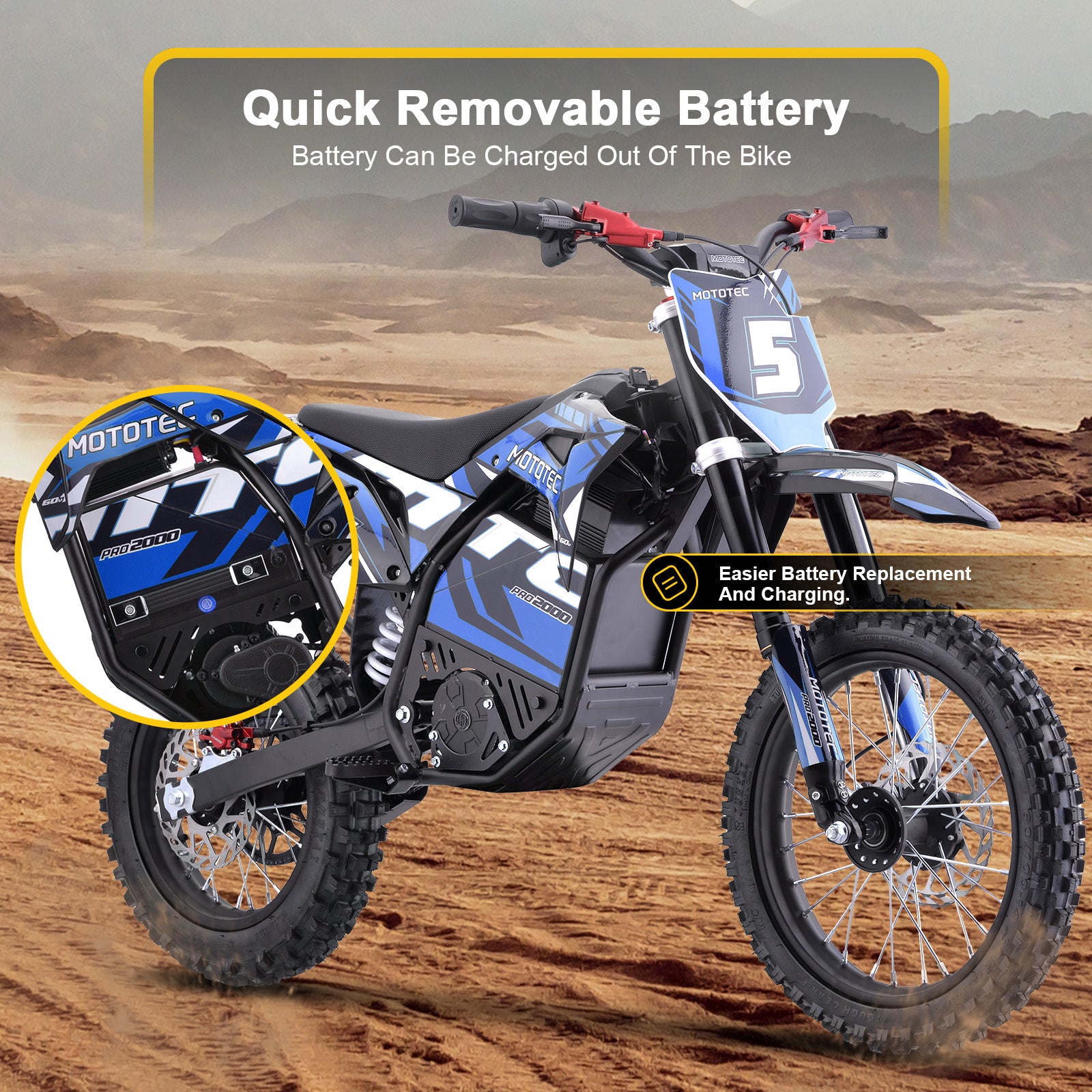 MotoTec 60v 2000w Pro Electric Dirt Bike Lithium Blue