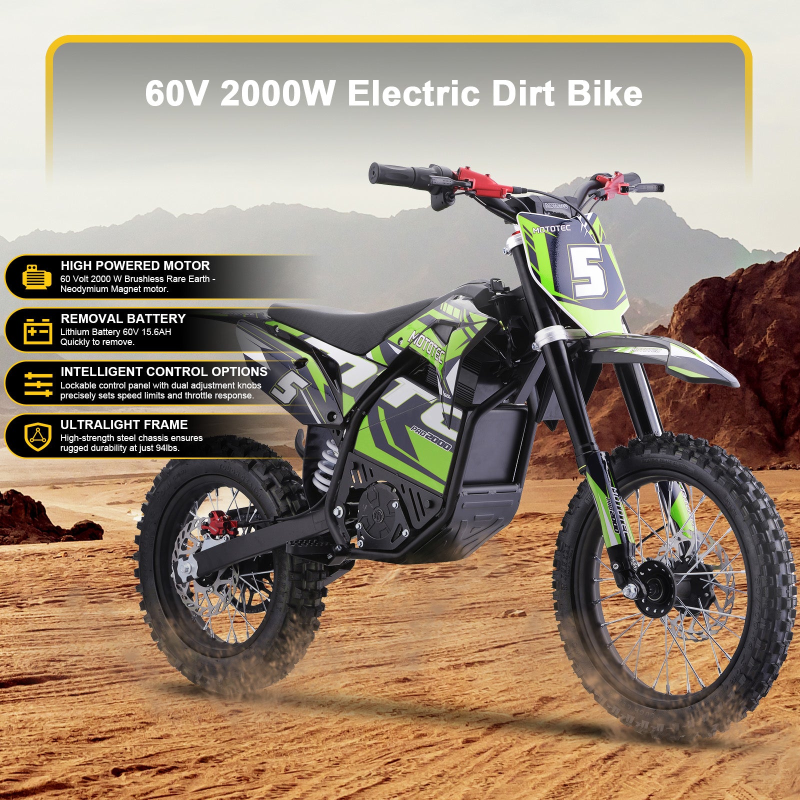 MotoTec 60v 2000w Pro Electric Dirt Bike Lithium Green
