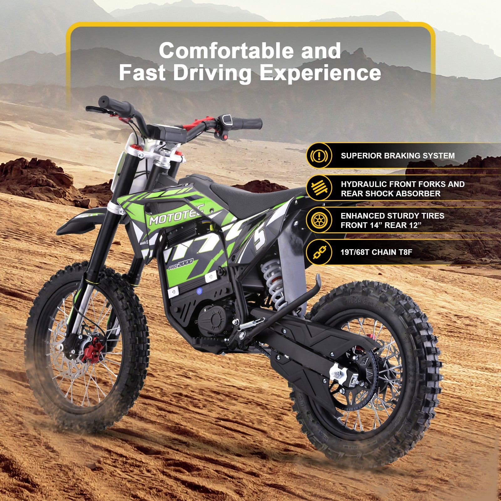 MotoTec 60v 2000w Pro Electric Dirt Bike Lithium Green