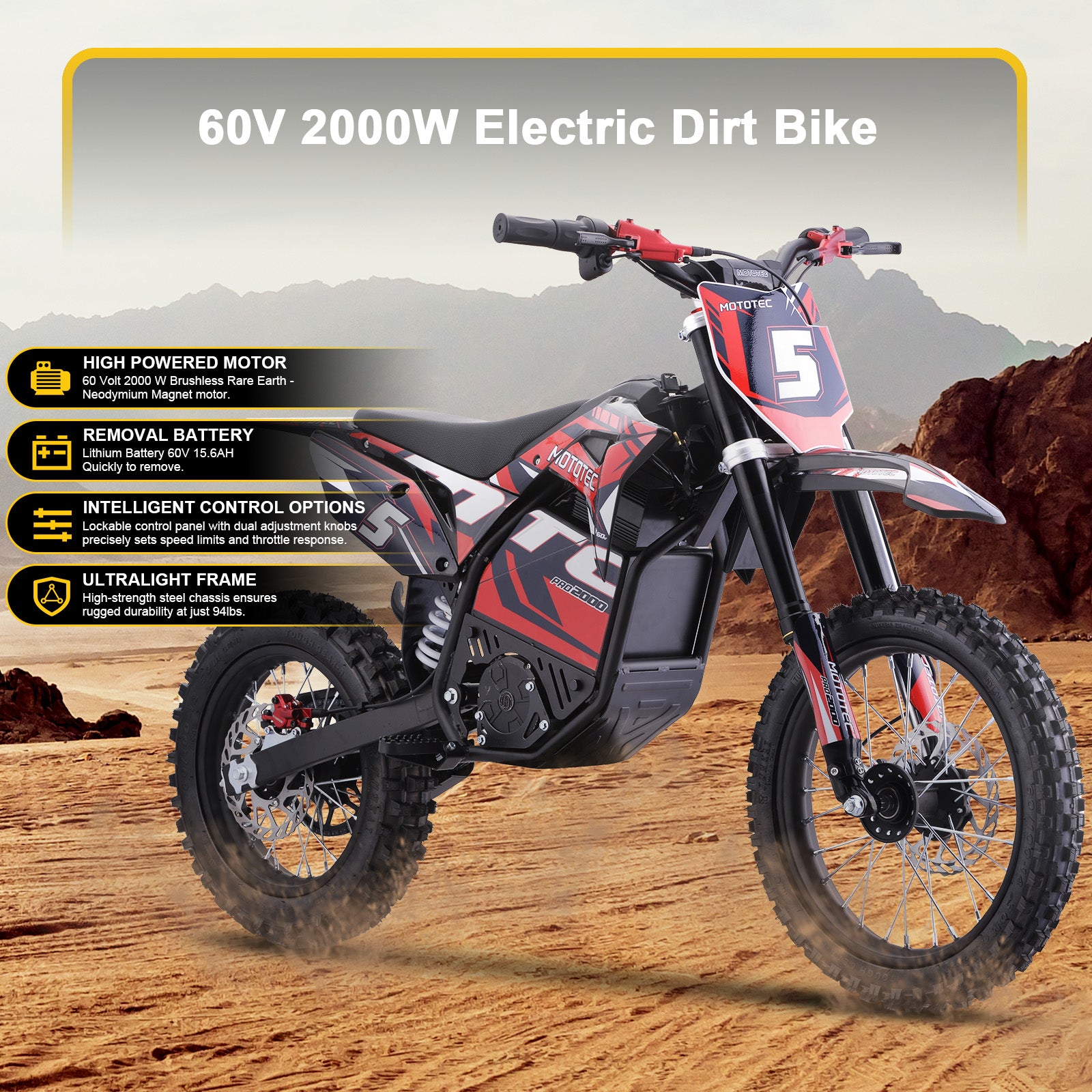 MotoTec 60v 2000w Pro Electric Dirt Bike Lithium Red