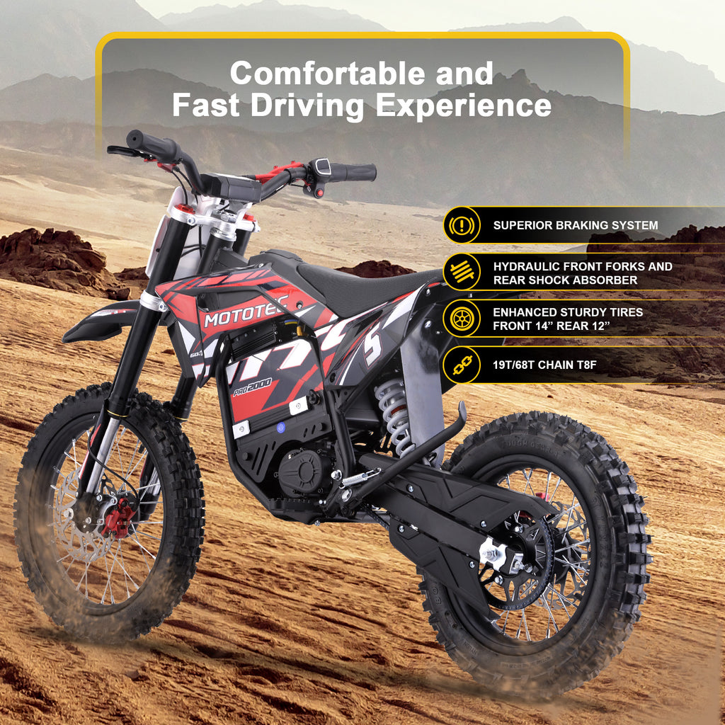 MotoTec 60v 2000w Pro Electric Dirt Bike Lithium Red
