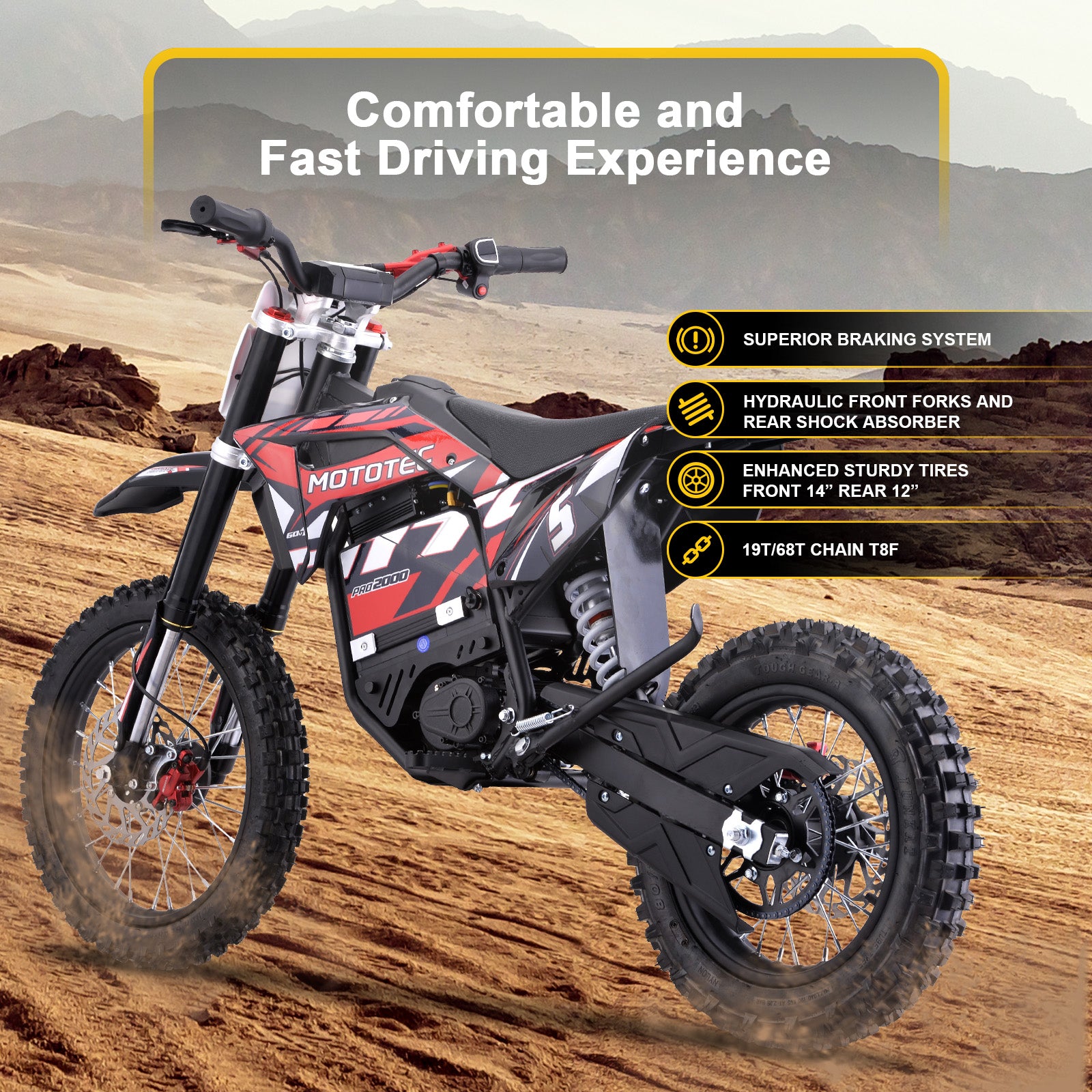 MotoTec 60v 2000w Pro Electric Dirt Bike Lithium Red