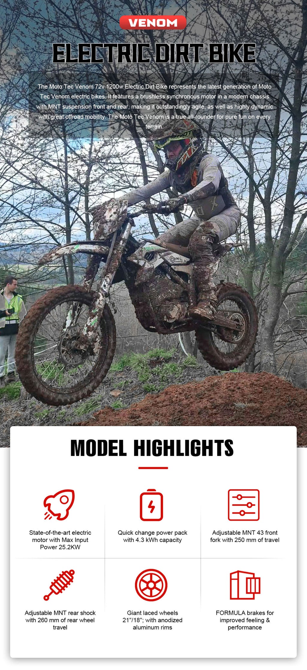 MotoTec Venom 72v 12000w Electric Dirt Bike Black